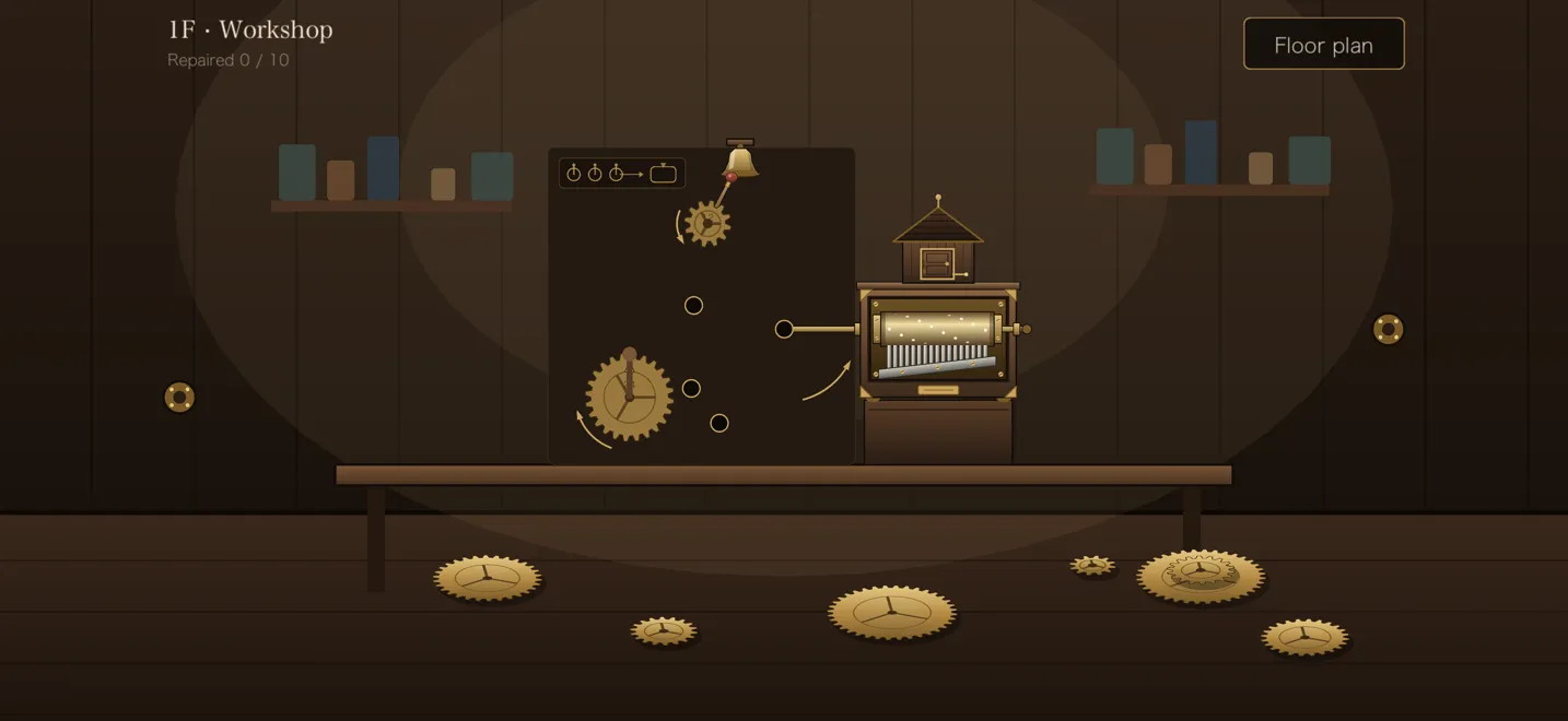 The ground-floor Workshop, with a clockwork bird and a music box