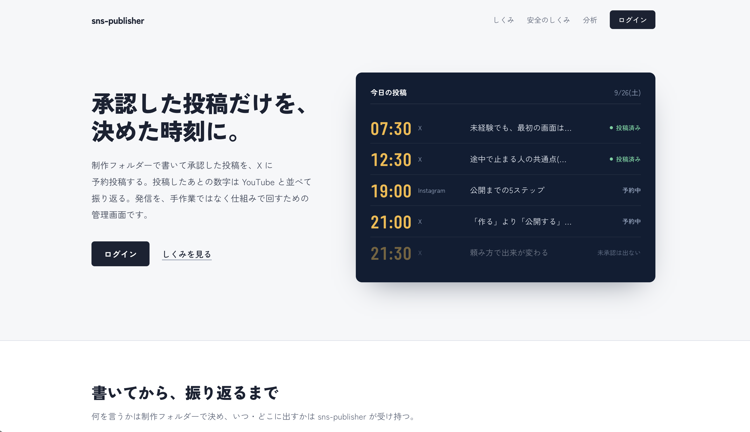 SNS Publisherの紹介サイト。承認した投稿を時刻ごとに並べた配信予定が表示されている